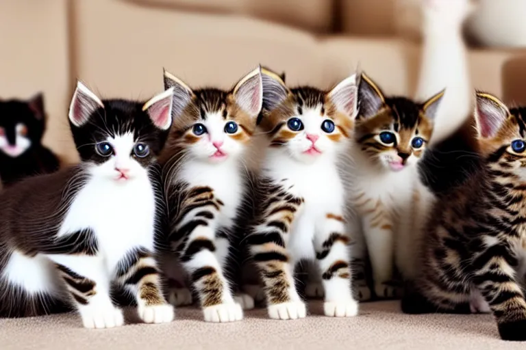 Prompt: a living room full of cute kittens that are all facing the camera