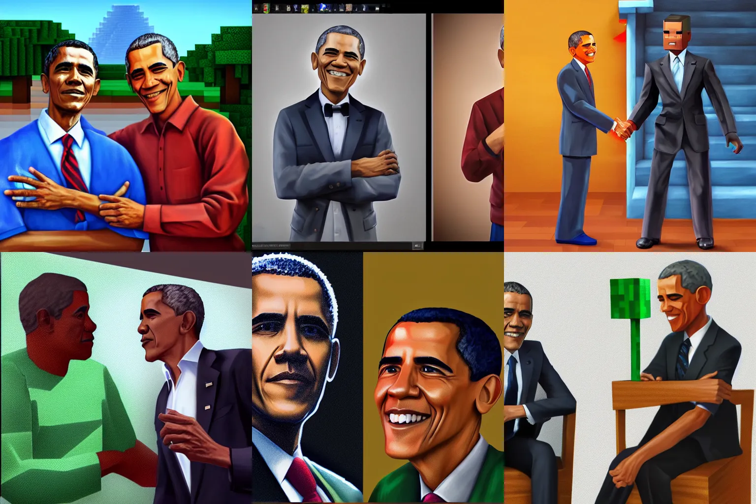Prompt: Minecraft Steve meets photorealistic Barack Obama, digital art, trending on artstation, oil painting
