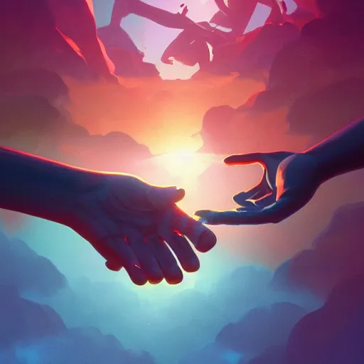 Prompt: a hand reaching out to another hand, behance hd by jesper ejsing, by rhads, makoto shinkai and lois van baarle, ilya kuvshinov, rossdraws global illumination ray tracing hdr radiating a glowing aura