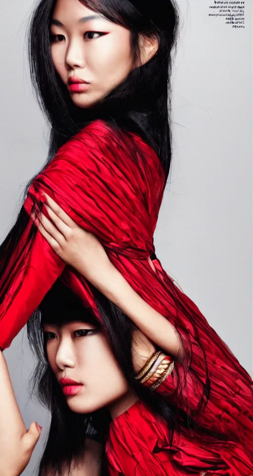 Image similar to vogue magazine fashion model portrait asian woman, black and red, elegant