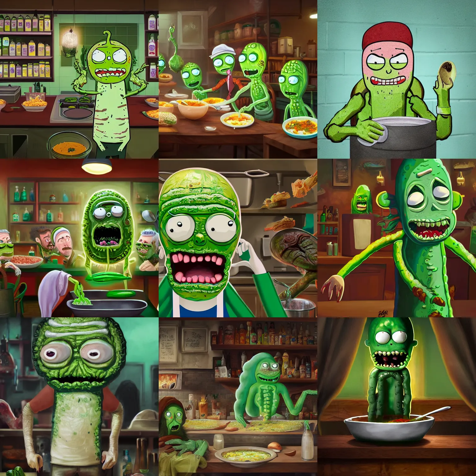 Prompt: pickle rick serving in a soup kitchen, pickle rick serving soup, detailed portrait, matte painting