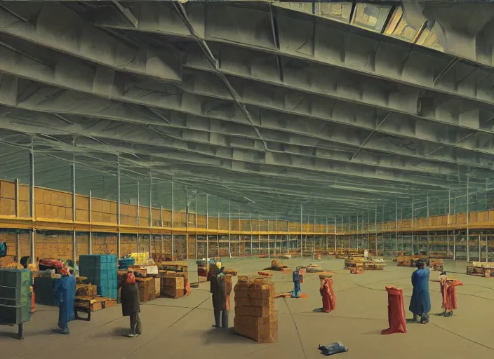 Image similar to inside a giant warehouse Amazon fulfillment center, people stacked on shelves in plastic bags Edward Hopper and James Gilleard, Zdzislaw Beksinski, highly detailed