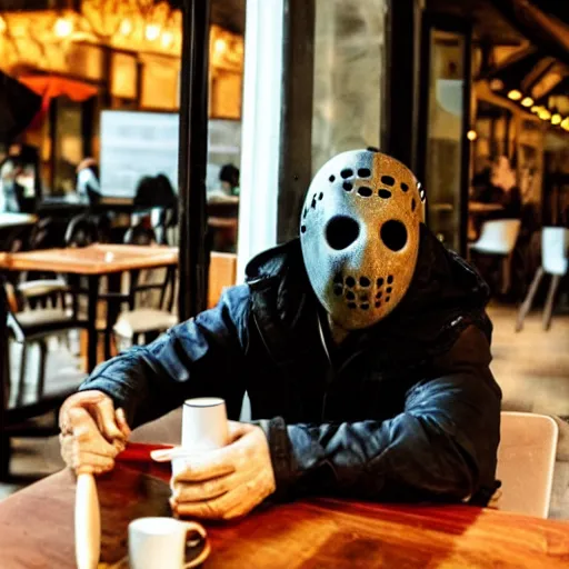 Image similar to photograph of jason voorhees having a coffee at an european caffé