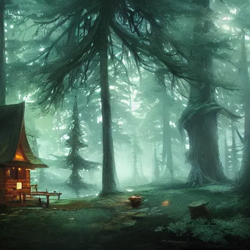 Prompt: a wooden cabin in the woods, magical forest, by Jordan Grimmer and greg rutkowski, crisp lines and color,