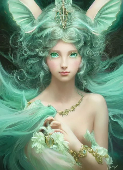 Image similar to Portrait of magical girl, dreamy and ethereal, mint green eyes, peaceful expression, ornate frilly dress, fantasy, intricate, elegant, beautiful, digital art, dynamic lighting, golden ratio, highly detailed, digital painting, trending on artstation, concept art, smooth, sharp focus, illustration, photo realistic, art by artgerm and greg rutkowski and alphonse mucha, 4K