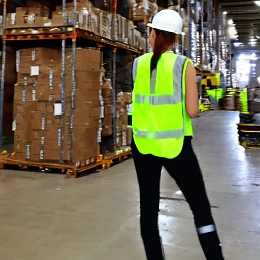 Image similar to photo, close up, ariana grande in a hi vis vest, in warehouse, android cameraphone, 2 6 mm,