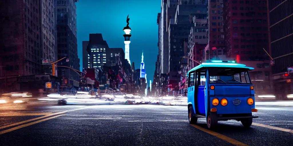 Image similar to an open frame blue tuk tuk going through a desolate manhattan city street at night, statue of liberty seen in the background, realistic 4 k octane beautifully detailed render, 4 k post - processing, highly detailed, detailed face, intricate complexity, epic composition, magical atmosphere, cinematic lighting, masterpiece, color picture, ultra hd