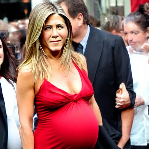 Image similar to Pregnant Jennifer Aniston in a red dress at a movie premiere, paparazzi photograph
