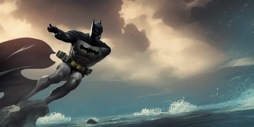 Image similar to Batman going for a swim, hyperdetailed, artstation, cgsociety, 8k