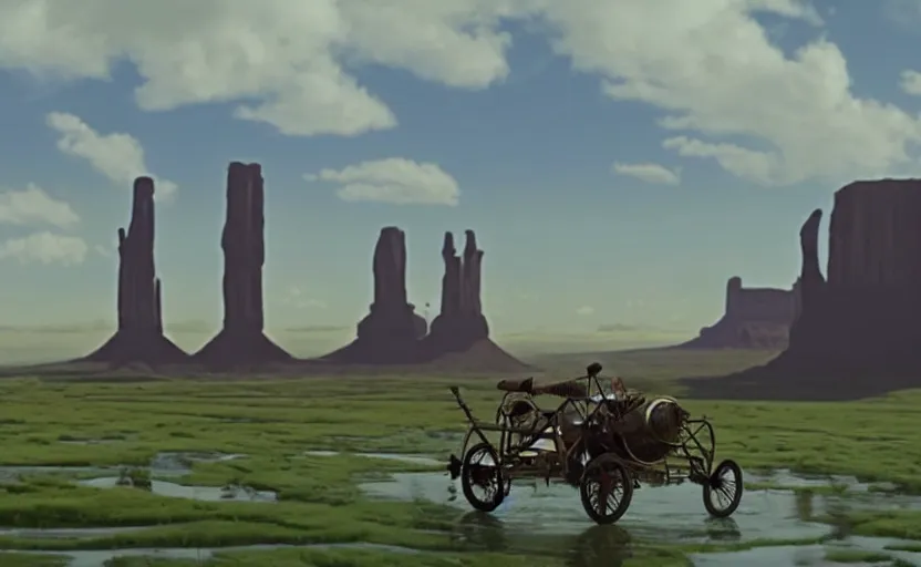 Prompt: a hyperrealist cell - shaded cartoon movie still from howl's moving castle ( 2 0 0 4 ) of a huge gyrocopter in a flooded monument valley. stonehenge is seen in the background with shafts of sunlight from above. very dull muted colors, hd, 4 k, hq