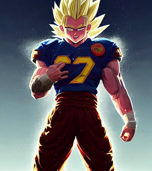 Image similar to highly detailed portrait of super saiyan cooper kupp football, unreal engine, fantasy art by greg rutkowski, loish, rhads, ferdinand knab, makoto shinkai and lois van baarle, ilya kuvshinov, rossdraws, tom bagshaw, global illumination, radiant light, detailed and intricate environment