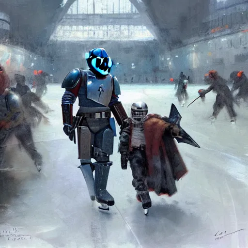 Image similar to the mandalorian, ice hockey setting, by craig mullins, jeremy mann, jeremy mann.