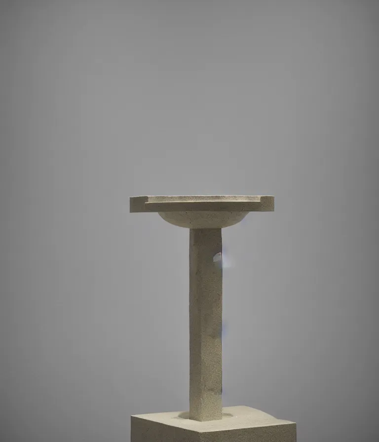 Image similar to a studio packshot of the fountain readymade by marcel duchamp on a pedestal in an empty museum room, contemporary sculpture, color bleed, light leak, marcel duchamp, man ray, lorenzo vitturi