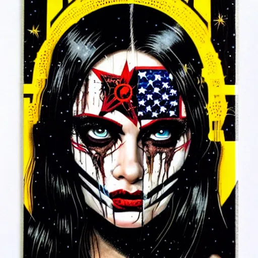 Prompt: a portrait of horror tarot card intricate details by MARVEL comics and Sandra Chevrier