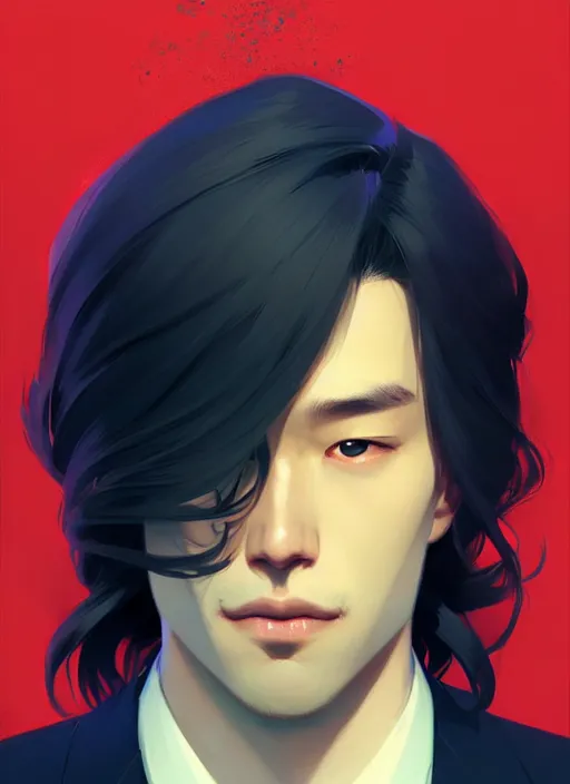 Image similar to a man in his twenties, handsome, asians ， long hair, suit ， perfect face, symmetric eyes, sharp focus, specular reflection, occlusion shadow, artstation, by ilya kuvshinov and jeremy lipking, light novel cover art, 3 d epic illustrations, symmetric body