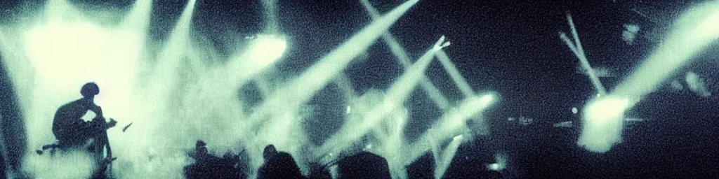 Image similar to dusty Trent Reznor smashing guitars, group of people on stage playing instruments, elaborate stage effects, dust, smoke, giant LED screens, colored projections, ultrafine detail, goth cybersuit, glowing thin wires, smoke, high contrast, projections, a screenshot by David Gilmour Blythe, holography, tesseract, volumetric lighting, anamorphic lens flare