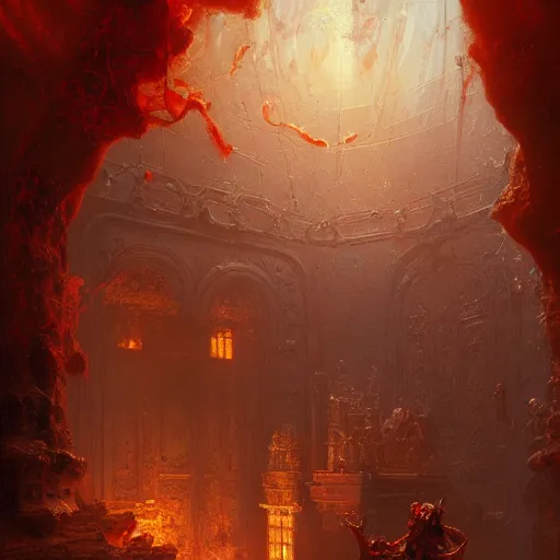 Image similar to a chapel's ceiling is broken in half as a red magical portal from hell opens up there. highly detailed painting by gaston bussiere, greg rutkowski, craig mullins 8 k