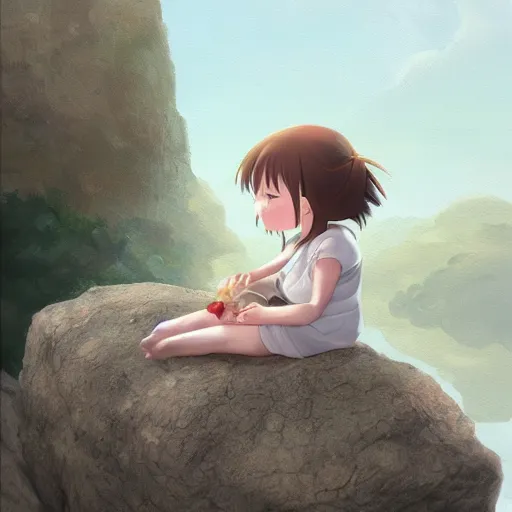 Image similar to a painting of a little girl sitting on a rock, a digital painting by hayao miyazaki, cgsociety, metaphysical painting, 2 d game art, storybook illustration, detailed painting