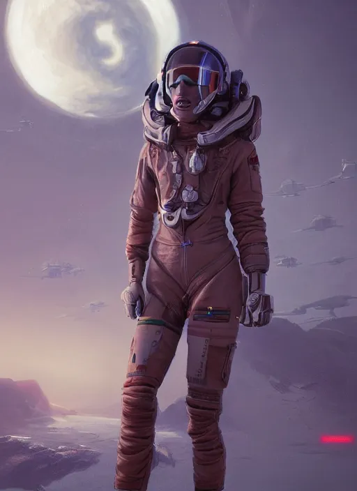 Image similar to detailed full body concept illustration oil painting of a beautiful woman pilot in intricately designed clothing, retro sci-fi, octane render, sss, postprocessing, 4k, cinematic lighting, unreal engine, insanely detailed and intricate, dystopian