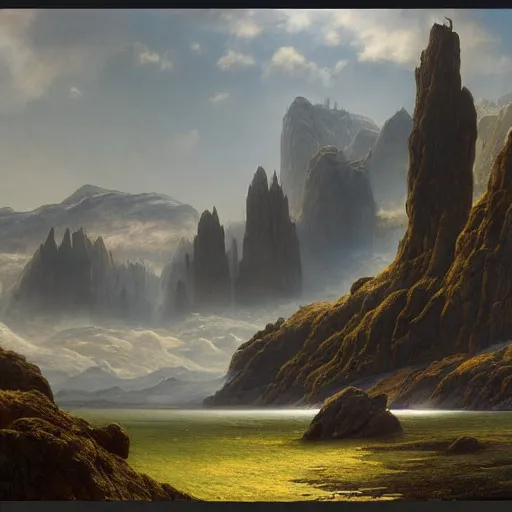 Image similar to A beautiful highly detailed matte painting of a fantasy landscape, by Caspar Friedrich, Trending on artstation