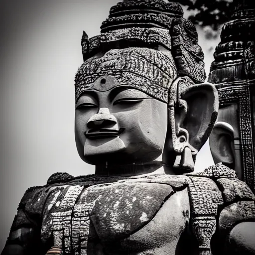 Image similar to angkor tom, asuras giant yaksha statues, epic, full body standing, photography hight quality, sharp, stones, award winning photography, canon, thierry rouzier