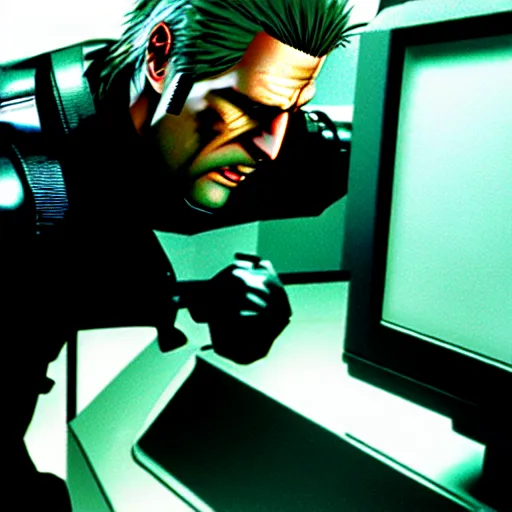 Image similar to drebin893 metal gear solid trying to build a desktop computer with scientific equipment close up