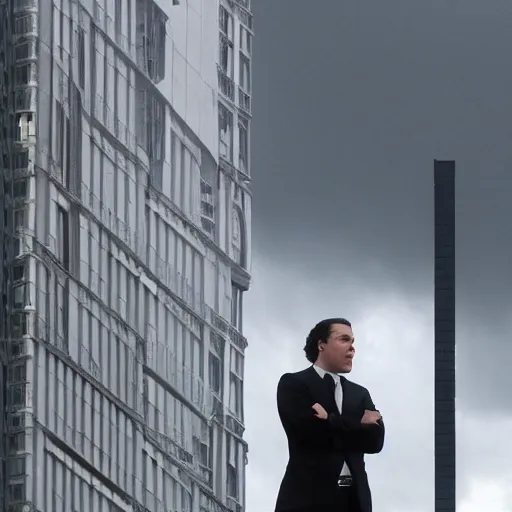 Image similar to Clean-shaven Jon Favreau wearing a black suit and black necktie and black dress shoes is climbing up a tall building in an urban city. The sky is filled with dark clouds and the mood is ominous.