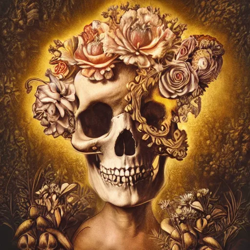 Image similar to a beautiful detailed front view baroque portrait of a rotten woman corpse becoming almost a skull with fractal plants and fractal flowers and mushrooms growing around, intricate, ornate, volumetric light, beautiful lit, polaroid photography