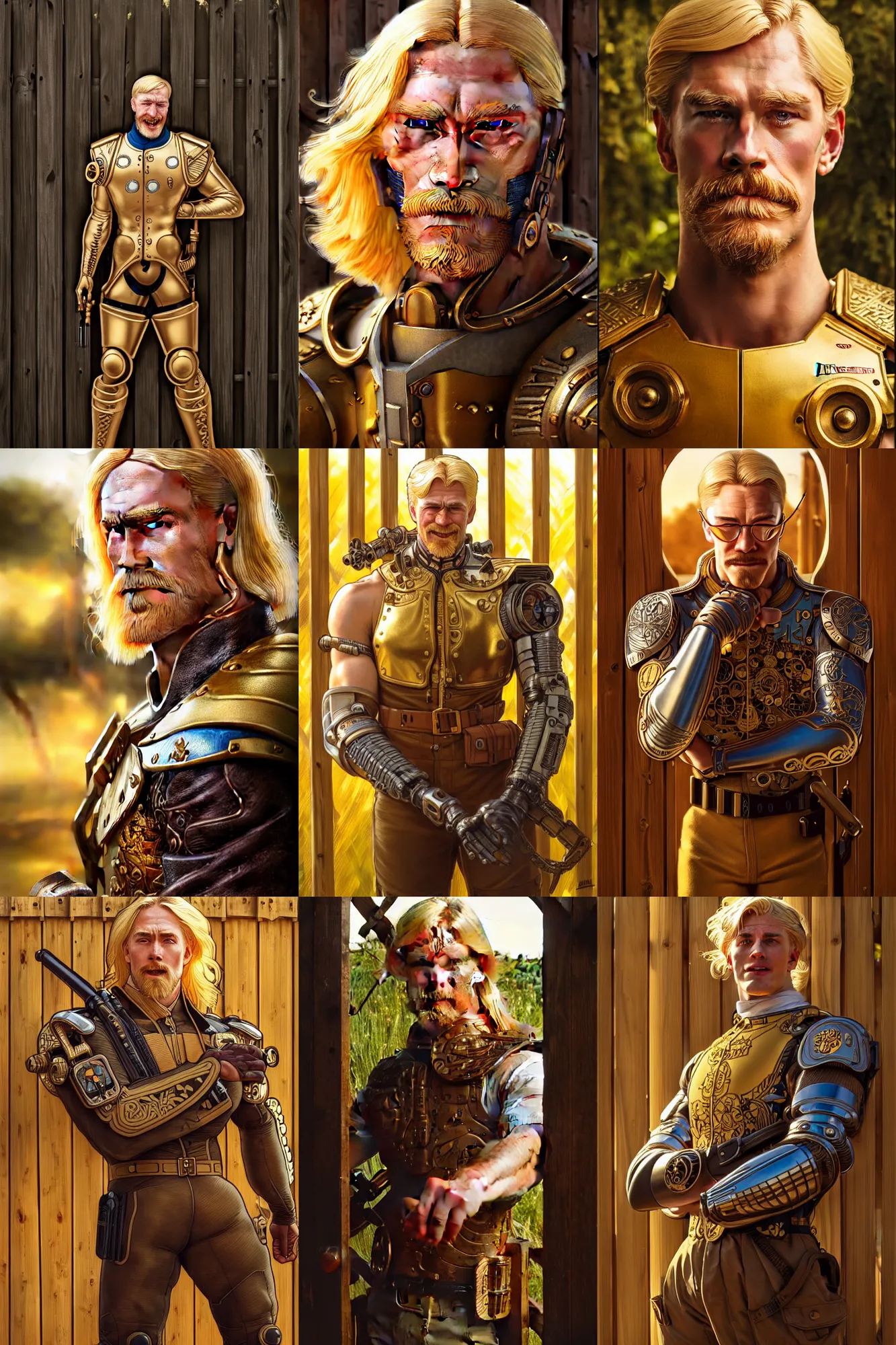 Prompt: a stunning ultrarealistic photo of a cyborg viking behind a wooden fence, joyous, very detailed, sharp focus, intricate, headshot, portrait, 3 5 mm lens, golden ratio composition, artstation, 8 k, bokeh, by artgerm and alphonse mucha and greg rutkowski