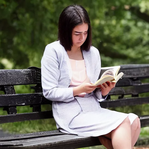 Prompt: A young woman, no older than twenty, sits on a bench in a busy park. She\'s wearing a summer dress and a light jacket, despite the fact that it\'s a warm day. She\'s clutching a small book close to her chest, and her eyes are closed, as if she\'s lost in thought. by Makoto Shinkai