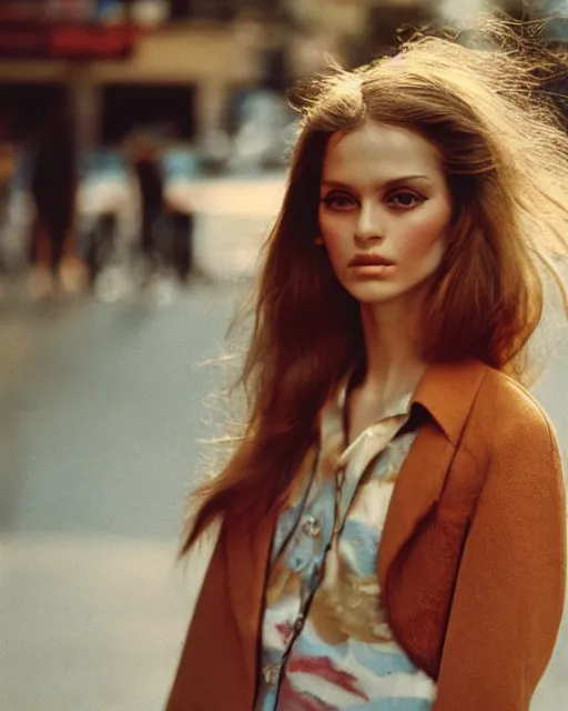 Prompt: photography from 7 0 s, close - up portrait of young fashion model face, soft light, golden hour, in style of street photography from 1 9 7 0