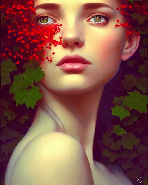 Image similar to stylized portrait of an artistic pose, composition, young lady sorrounded by nature, cinematic moody colors, ivy, flowers, one single head, realistic shaded, fine details, realistic shaded lighting poster by ilya kuvshinov, magali villeneuve, artgerm, jeremy lipkin and michael garmash and rob rey