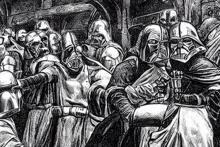 Image similar to the cantina scene from the medieval morality play star wars