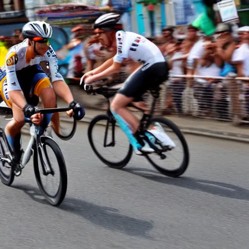 Prompt: futuristic monkey riding bike with donut wheels in the tour the france