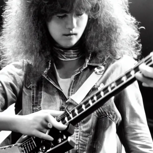 Prompt: 19-year-old girl wearing double denim, thick shaggy hair, permed hair, holding electric guitar, 1971, proto-metal concert, live at Royal Albert Hall, concert lighting