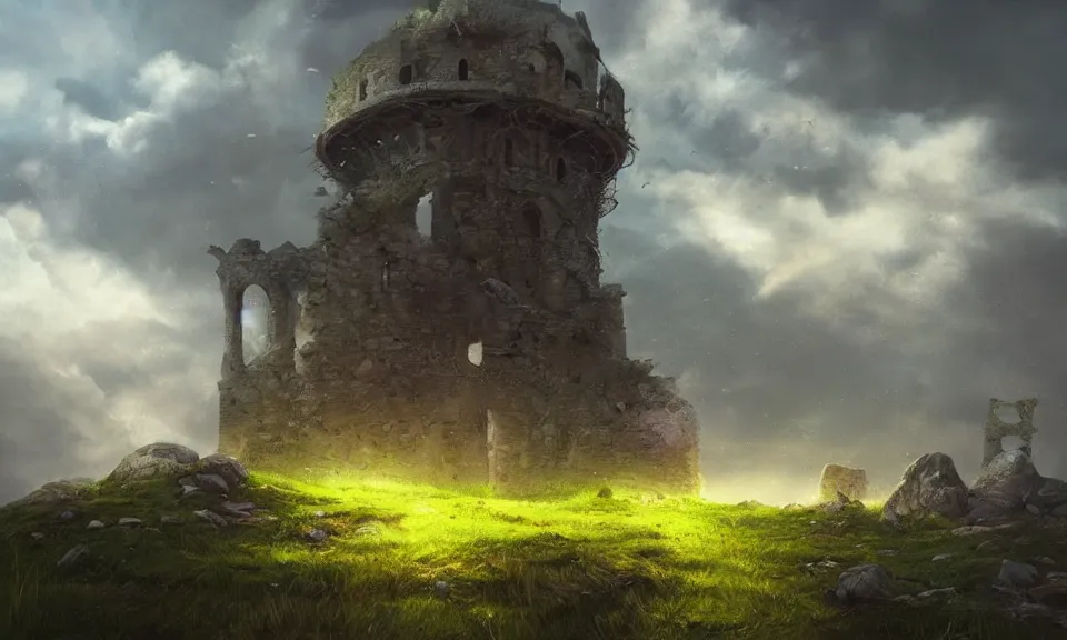 Prompt: a small flying grassy rock up in the skies, with the ruins of a small tower, stunning digital illustration, fantasy concept art, cinematic lighting, intense colors, beautiful composition, detailed, mystical, beautiful and mysterious
