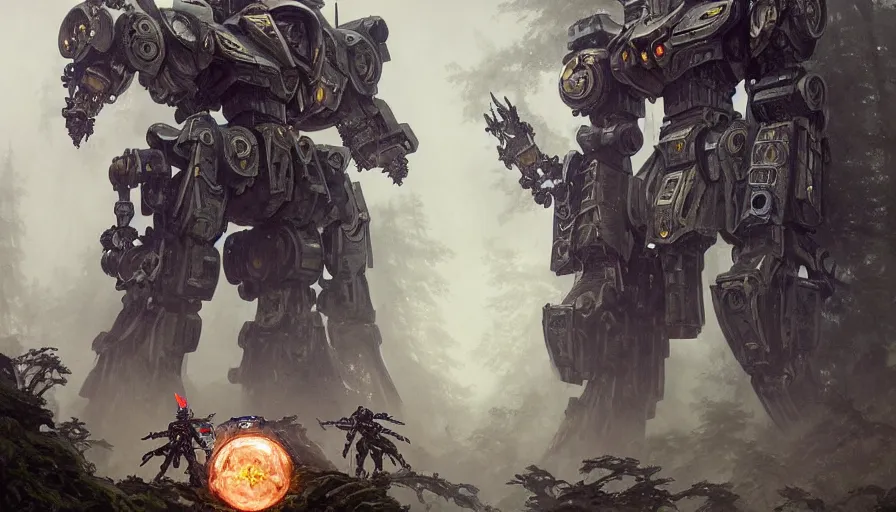 Image similar to mech covered in armor with elden ring aesthetic, ancient metal, artifact machine, glowing lights, piloted by mysterious creatures, gundam and robocop aesthetic, beautiful forests and trees, gothic castles and towers, small people with torches, intricate detail, baroque, art by darek zabrocki and John Park and Feng Zhu and Jason Chan, trending on artstation, masterpiece.