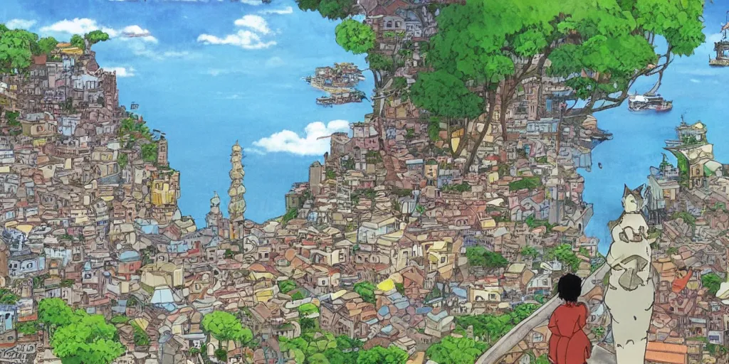 Prompt: cat looking at a sri lankan city, drawn by hayao miyazaki