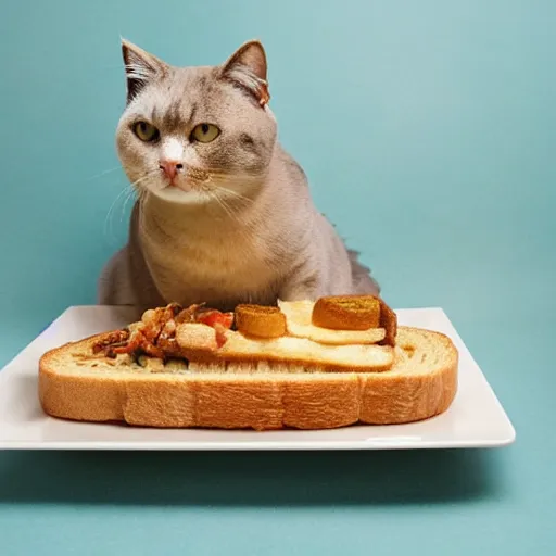 Image similar to obese cat sitting next to a slice of toast with indomie mi goreng noodles on top