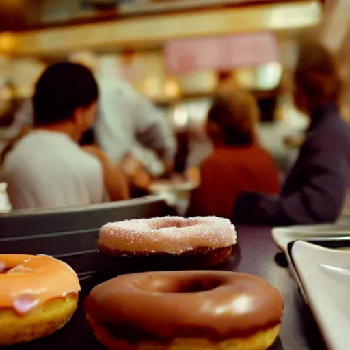 Image similar to a donut, chocolate frosting, on a plate in a busy diner, very low wide angle, in the background the diner, cinestill 800