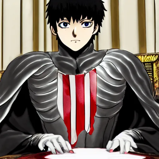 Prompt: a person cosplaying griffith from berserk manga by kentaro miura sitting at oval office desk with american flag