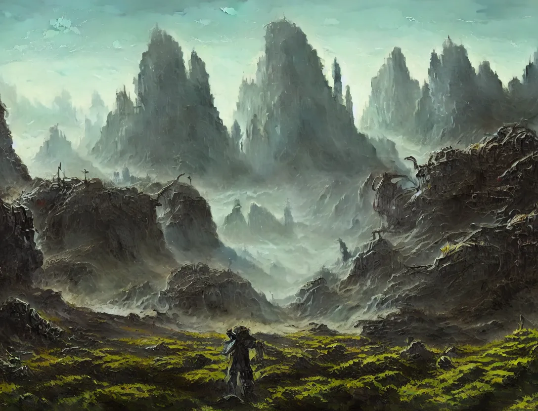 Prompt: the concept illustration of wasteland, ruins after the battle, desolate world, moss creeping up the ruins, the rocky mountain in background, the broken remains of mechs, greg rutkowski, james gurney, johannes voss, john harris, alena aenami, hasui kawase artworks in 4 k