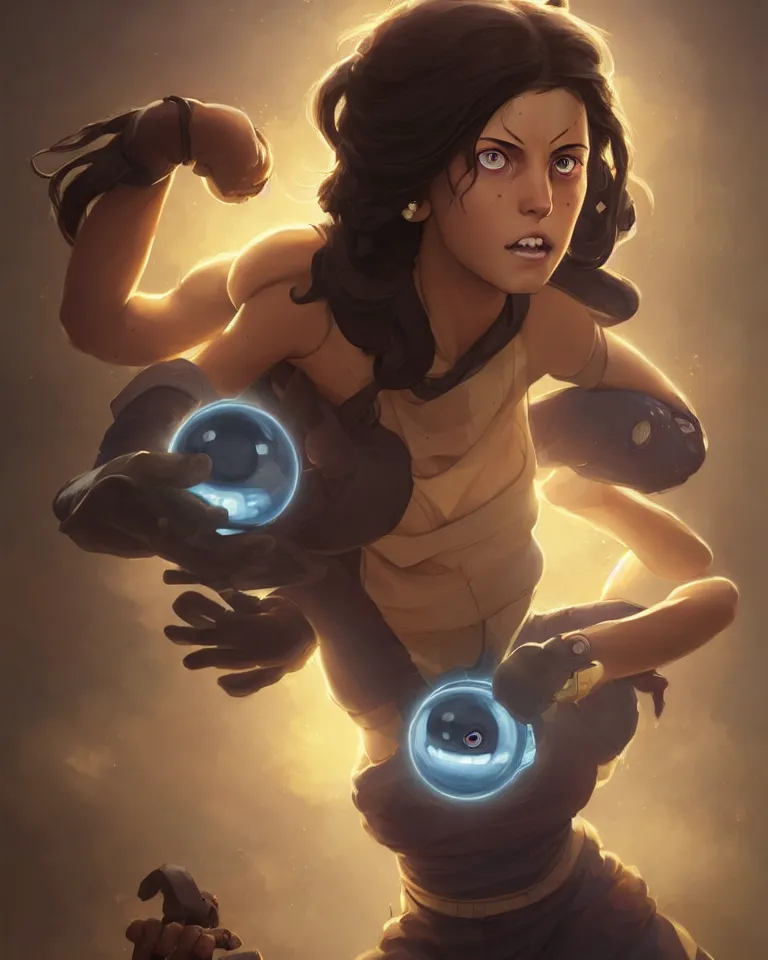 Image similar to Korra glowing eyes,digital art,ultra realistic,ultra detailed,art by greg rutkowski sacha goldberger, hyperdetailed,detailed face,professional lighting,dramatic,3 point lighting centered composition symmetrical features gazing eyes