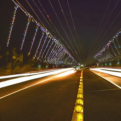 Image similar to dslr photo freeway photo at night, dragonflies create the lights, very high quality lights, intricate details, extremely high quality, moody lighting, real camera, real photo, slow - shutter, 8 k, full subject in shot