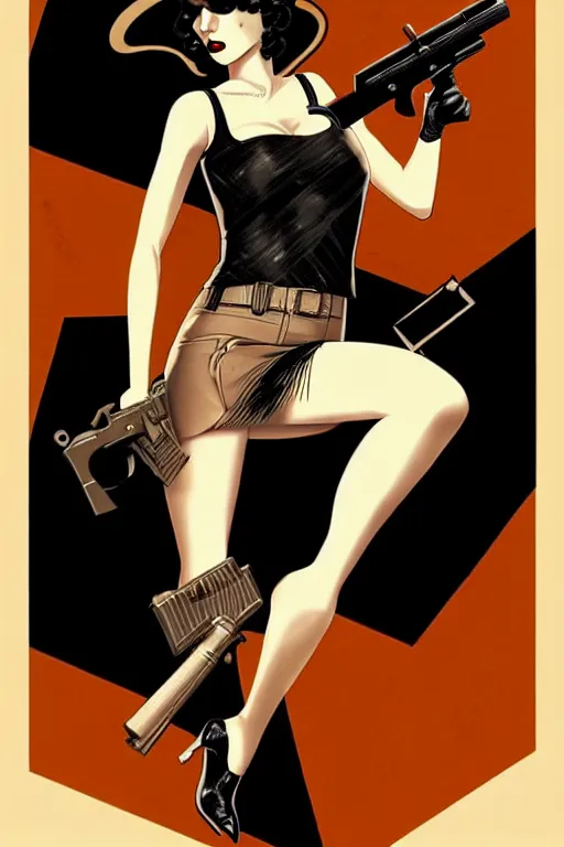 Image similar to comic noir cover art of a flapper girl with a revolver, inspired by gunsmith cats and sin city, by jenny frison and sana takeda, intricate details, stunning inking lines, stunning gradient colors, 4 k, hd, artstation