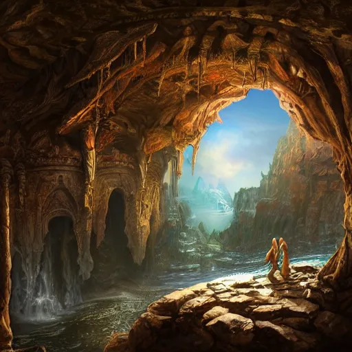 Prompt: A beautiful hyper realistic detailled matte painting of the dungeon of the gods with a magic water well of Bronze energy, daylight, barometric projection, by andreas rocha john howe, and Martin Johnson Heade, featured on artstation, featured on behance, ultrawide angle