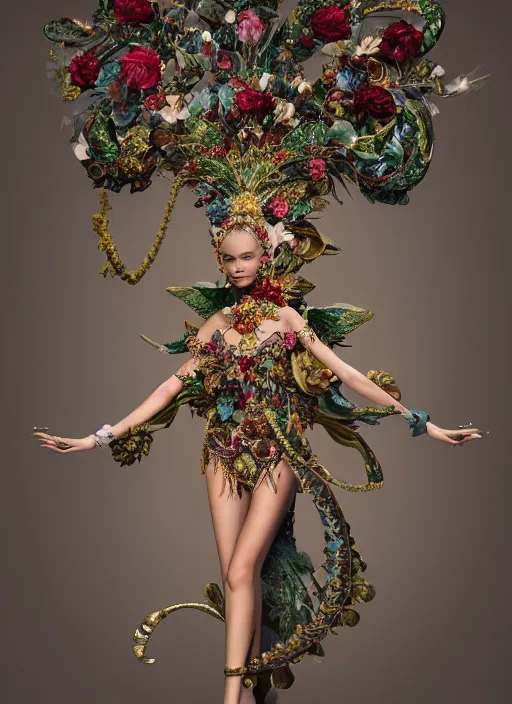 Prompt: full body environmental portrait photo of a young and beautiful female model, ornate headpiece made from flowers, ornaments, glamour shot by gemmy woud - binnendijk, chris knight, photorealistic, canon r 3, fashion photography, ornate, symmetrical features, octane render, unreal engine, solid dark background, clamp shell lighting, rim lighting