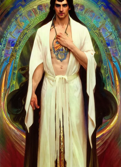 Prompt: a tall, muscular man with dark hair and pale skin. he is wearing a white royal robe. i'm the background, rainbow colors swirl around him. chromatic light. portrait painting by artgerm and greg rutkowski and alphonse mucha.