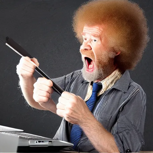 Image similar to angry bob ross screaming at laptop