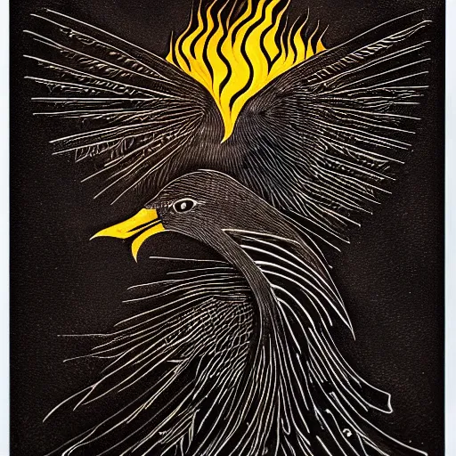 Image similar to a bird rising above the flames, mexican folk art, native american folk art, relief engraving, framed art, simple, deep black shading, mild expressionism, award winning